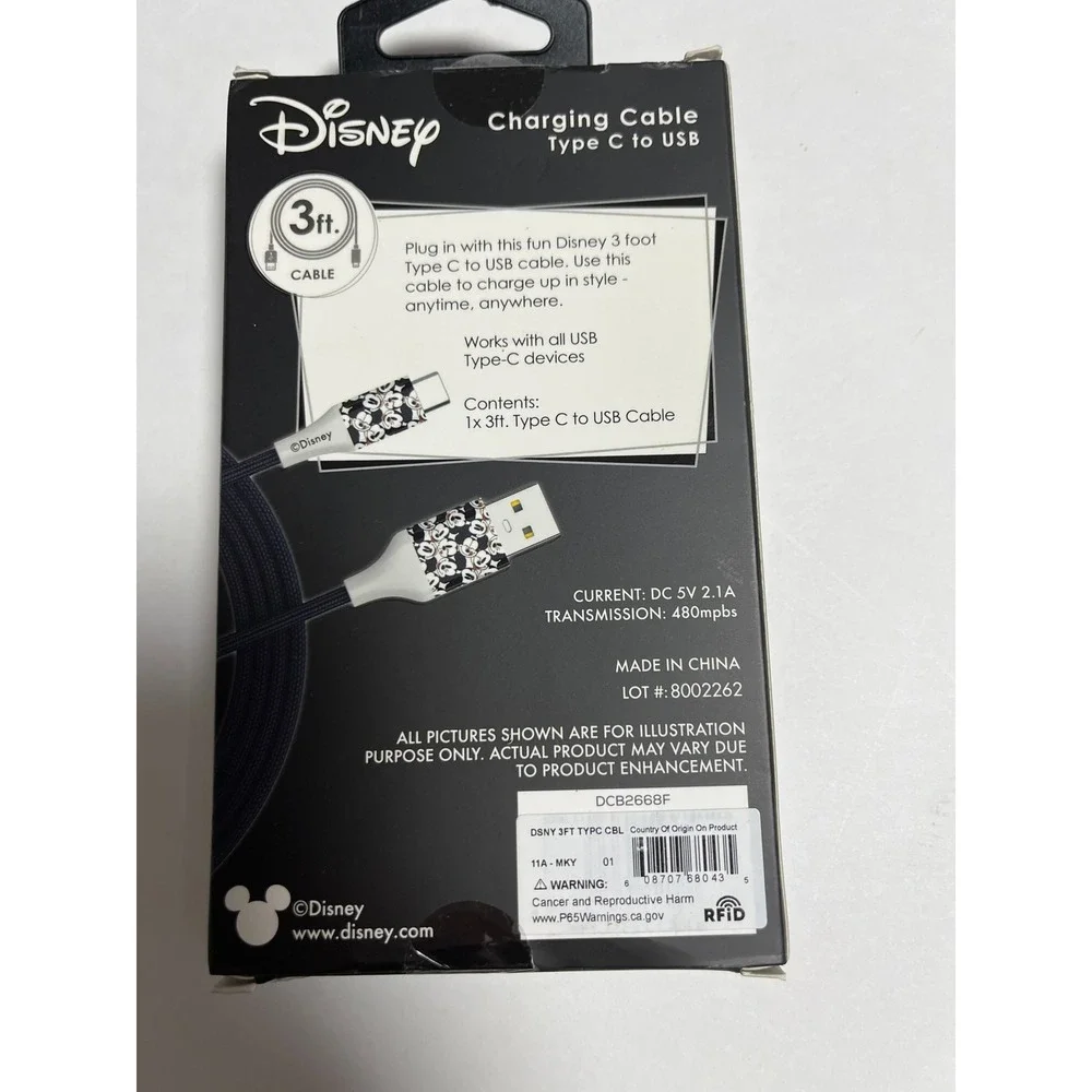 Disney Mickey Charging Cable Type C‎ To USB 3 FT Cable Black